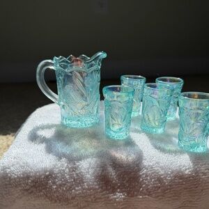 Iridescent Blue Glass/ carnival summit art glass miniature child set peacock